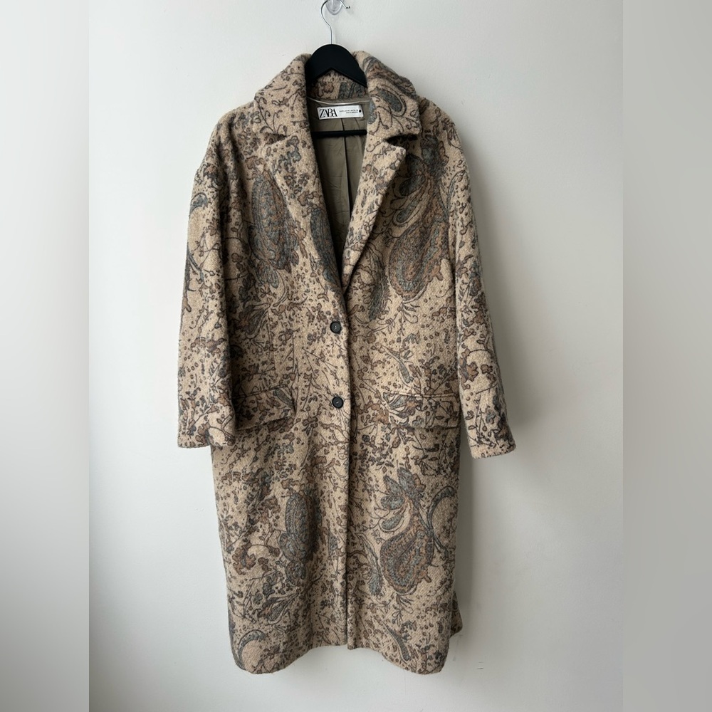 ZARA Long Wool Floral Coat Jacket Cosmic Astrology Zodiac Rose Garden